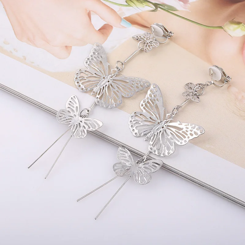 silver clip on Бренд Grace Jun, дизайн, 3 формы бабочки, кисточки, клипсы, серьги, Wihtout, пирсинг для женщин, модные роскошные большие массивные серьги - Окраска металла: silver clip on