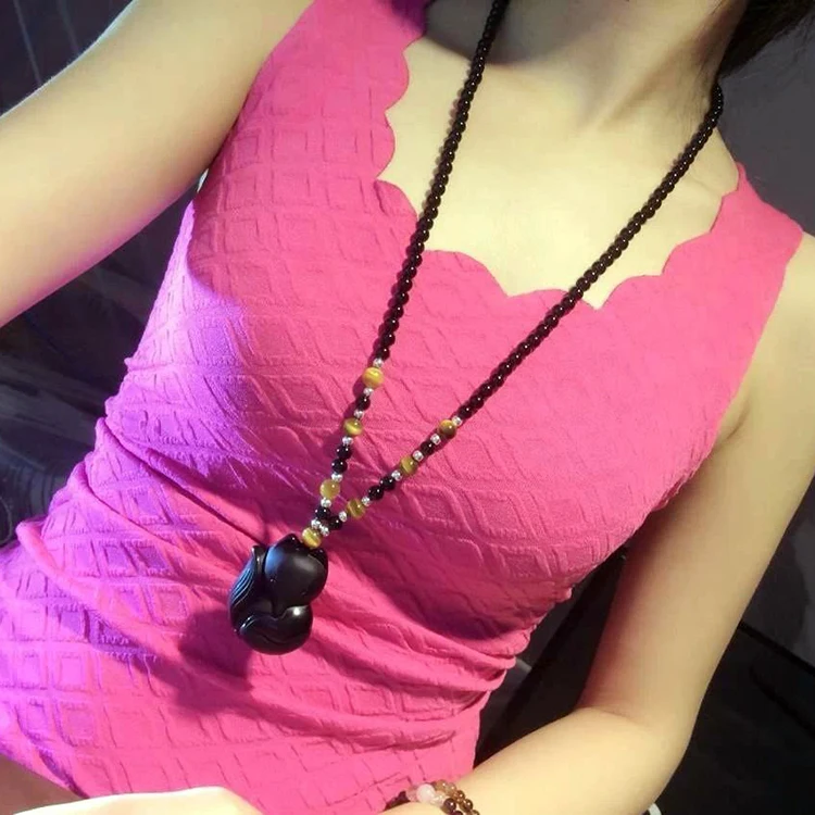 Тонкая резьба китайский ручной работы натуральный черный Обсидиан Резной лиса