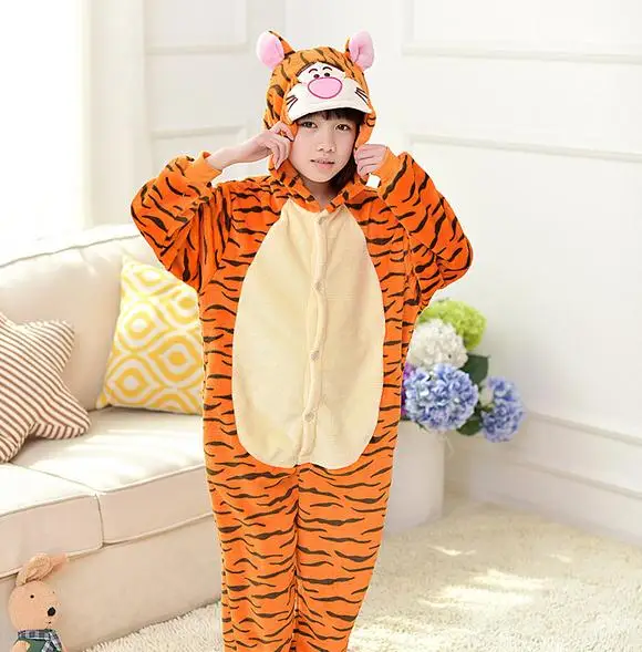 Tiger Кигуруми, комбинезон, детские пижамы с изображением панды, Детские фланелевые пижамы для мальчиков и девочек на Хэллоуин, вечерние пижамы для костюмированной вечеринки, пижамы для подростков - Цвет: Tiger