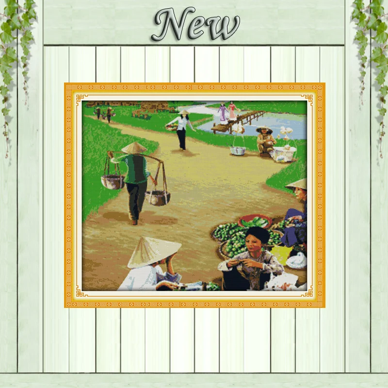 

Market Vietnam Folk customs scenery decor painting counted print on canvas DMC 11CT Cross Stitch Needlework Sets Embroidery kits