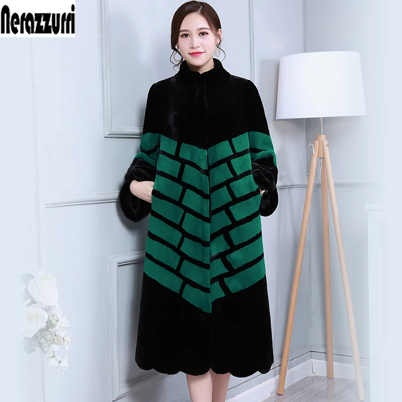 

Nerazzurri Winter Runway Long Fluffy Warm Thick Faux Fur Coat Women Black and Green Contrast Color Korean Fashion 2021 Overcoat