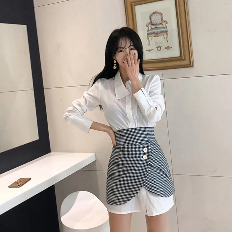 

Women Elegant 2 Piece Set 2019 Summer Office White Long Turn-down Collar Blouse Shirts + Single-breasted Split Grid Short Skirt