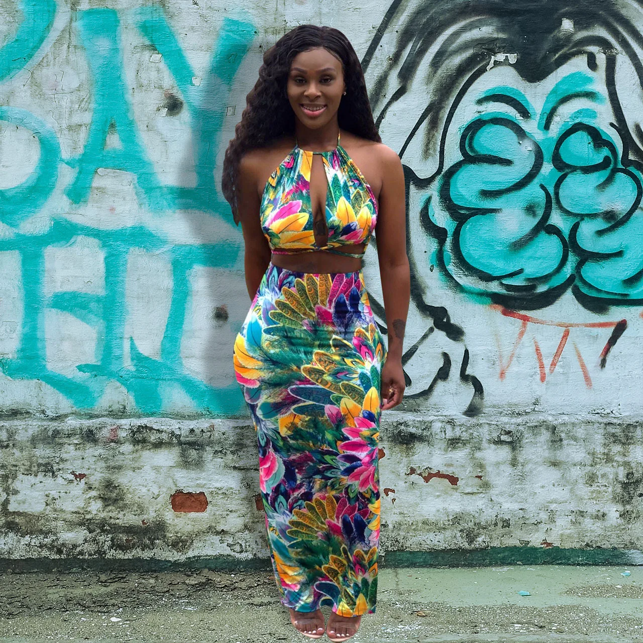 Комплект из двух предметов: топ на бретельках с принтом павлина и юбка макси