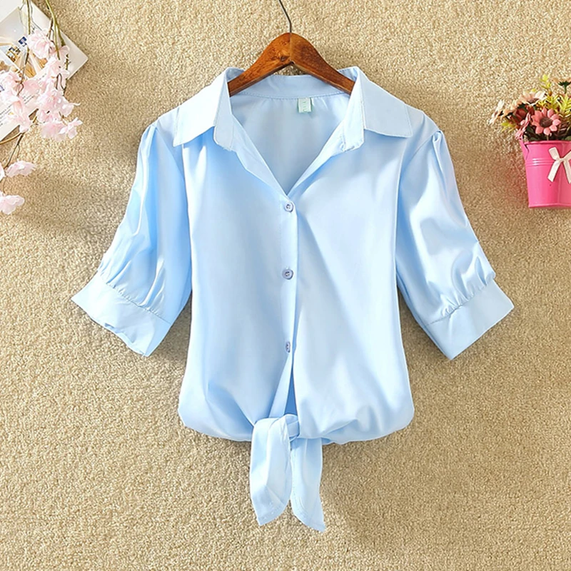 

Chemisier Femme Summer 2019 Ladies Puff Sleeve Solid Top Women Chiffon Blouse Office Blusas Loose Workwear Elegant Blouses