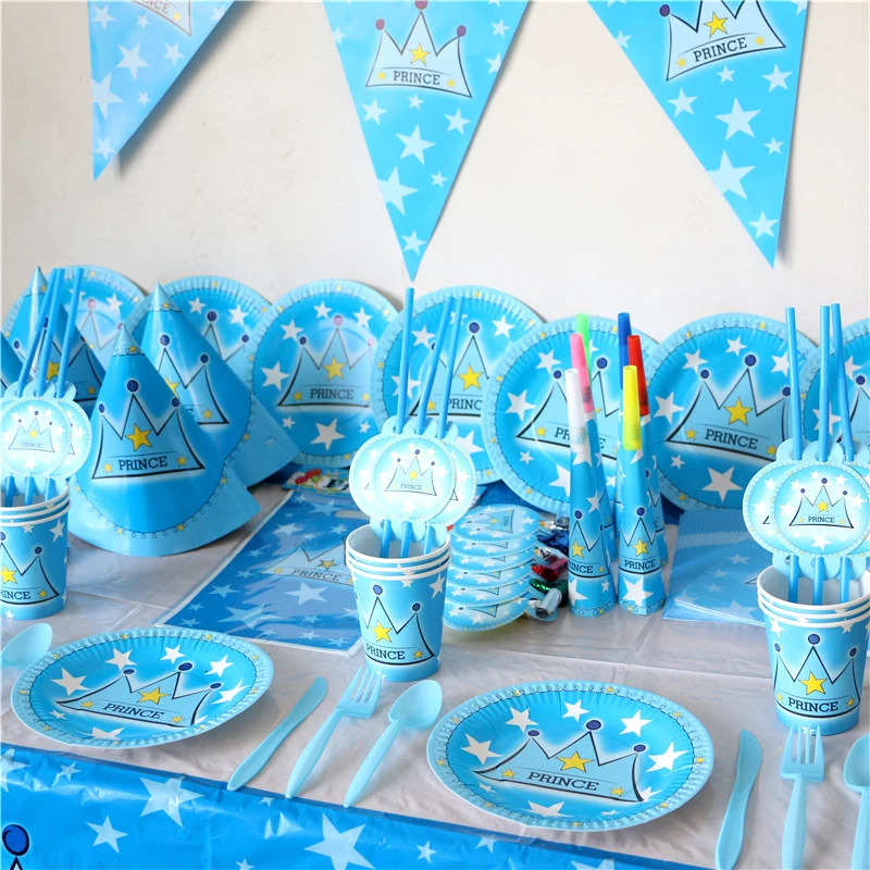 244pcslot Luxury party set for 20 kids birthday party blue prince crown theme tablecloth baby shower plates cups Child napkins