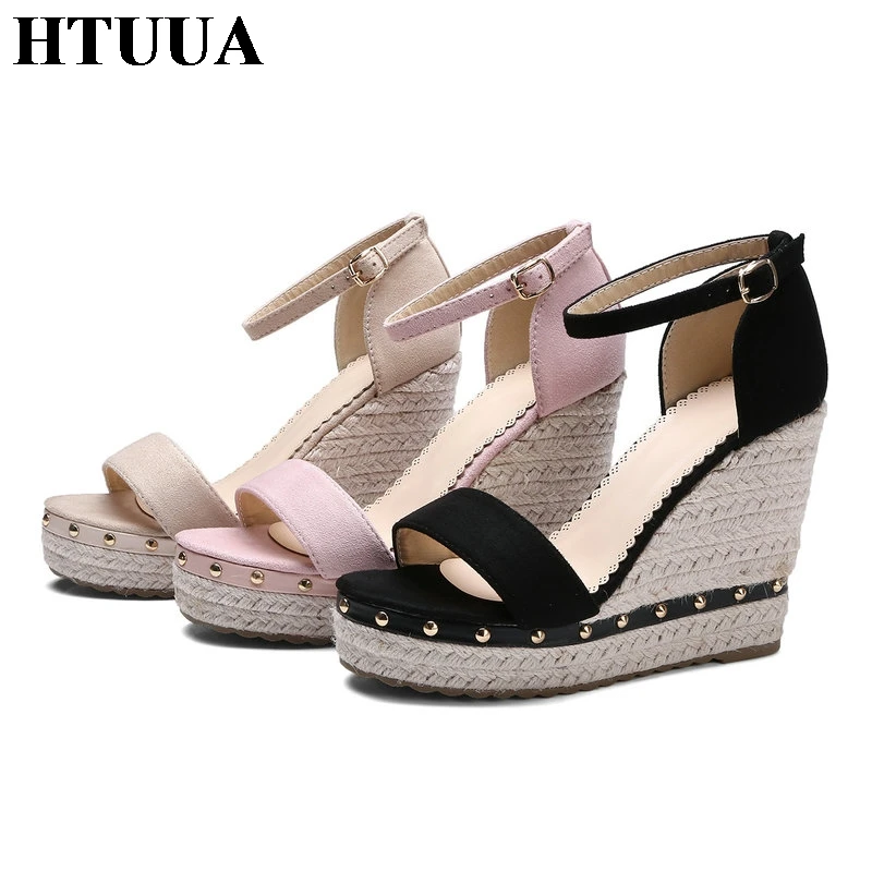 HTUUA 2018 New Women Sandals Summer Wedges Platform Shoes Rivet Fashion Ankle Strap Buckle 11CM High Heels Ladies SX1045 | Обувь