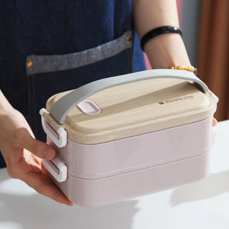 2 Ярусный Ланч бокс Bento деревянный из нержавеющей стали Портативный для