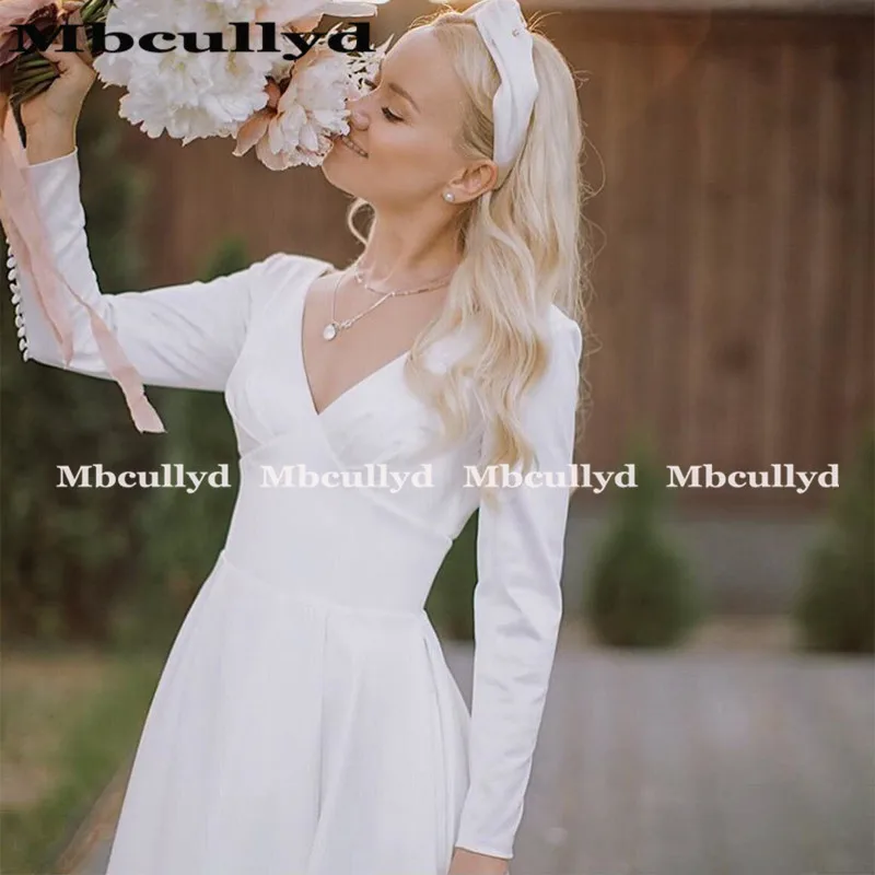 Mbcullyd Белое Атласное Свадебное Платье С v образным вырезом винтажные с длинными