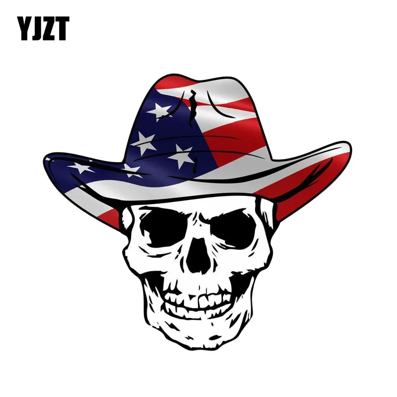 

YJZT 8.9CM*10CM Skull Car Sticker Hats USA Flag PVC Decal 6-0022