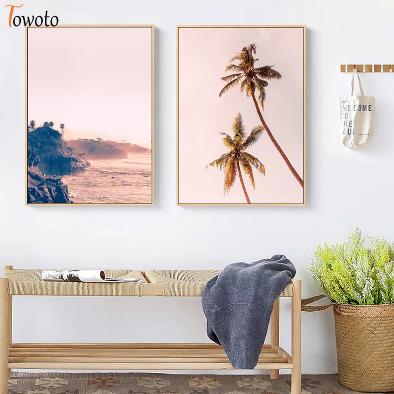 Seascape Canvas Painting Ocean Wave Art Print Palm Poster Pink Pastel Color Wall Decoration Pictures Coastal Decor | Дом и сад