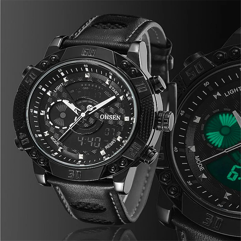 

Top selling man luxury dual time leather waterproof army wristwatches unisex fashion style digital sports stop watch