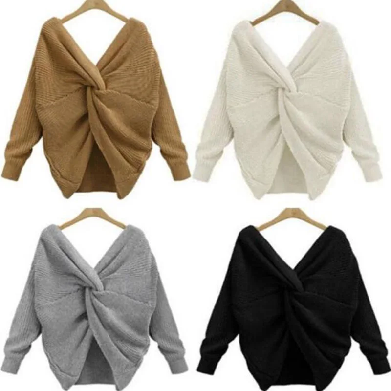 Autumn And Winter Two Wear Loose V-neck Pullover Irregular cross knotted knit sweater Sexy Fashion Ladies Tops XNW570 | Женская одежда