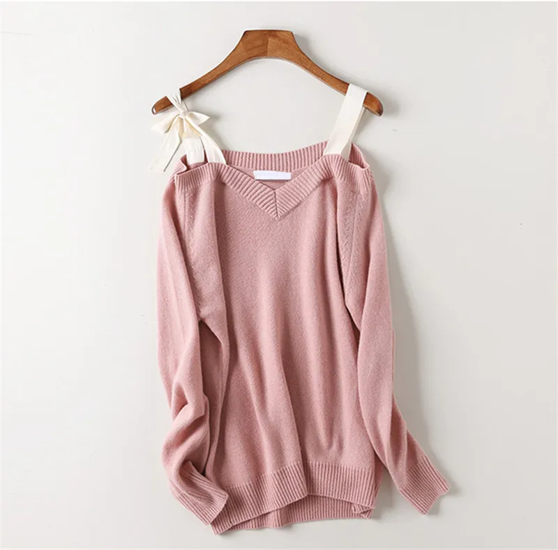 100% goat cashmere knit women fashion slash neck pullover sweater bowknot sling shoulder mid-long H-straight wide loose S/M/L | Женская