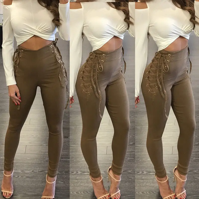 

Women Pants Fitness Stretch High Waist Slim Casual Lace Up Pants Bandage Trousers Women Clothing Female Apparel