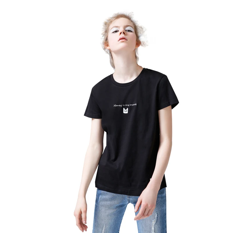 Toyouth Embroidery Cat Summer T-Shirts For Women Letter Short Sleeve Female Basic T Shirt All-Match Black White Tee Femme | Женская