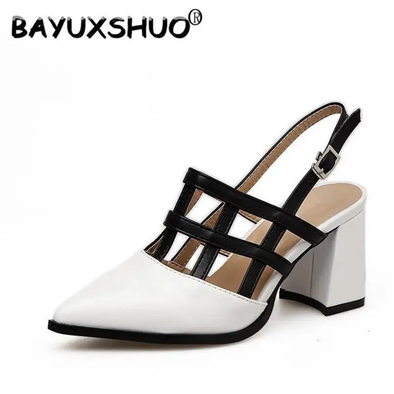 

BAYUXSHUONewest Summer sandals High Heels Roman Openwork Black/white 7CM Thick Heel Women Sexy Pointed Pumps fashion Woman Shoes