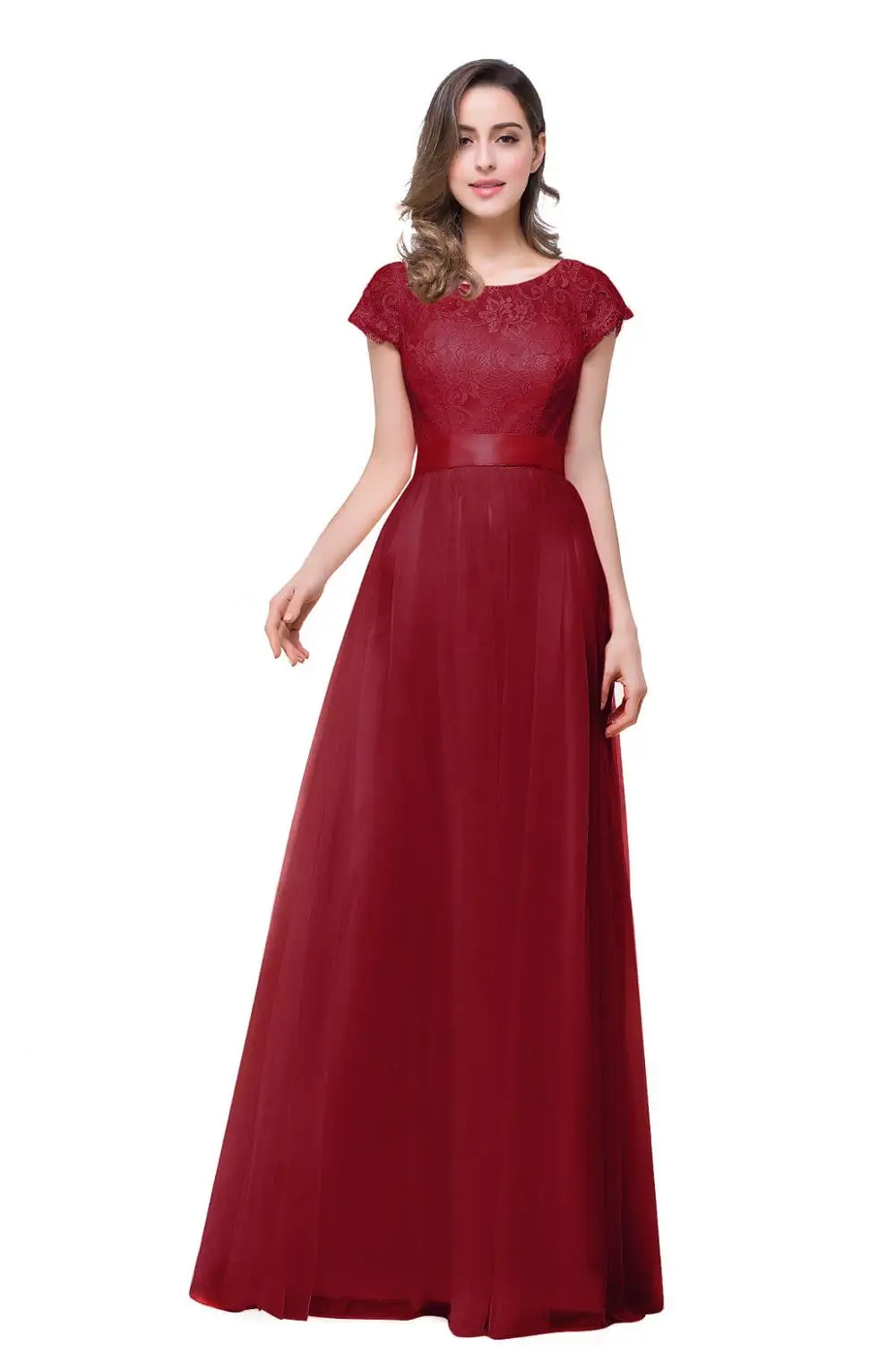 Graceful Lace Bow Chiffon Long Evening Dress In Stock Sexy Backless A-Line Evening Gowns Vestido de Festa - Цвет: Бургундия
