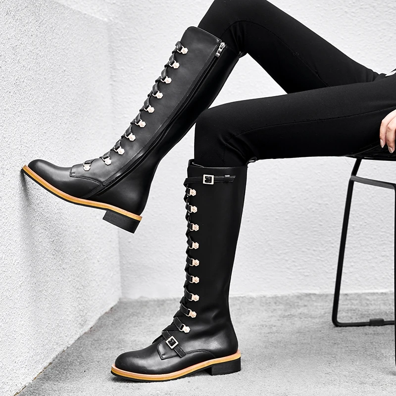 

SIMLOVEYO Shoes woman Zapatos de mujer Women genuine leather boots Flats Cross-tied Zipper Fashion Cool High quality Knee A1428