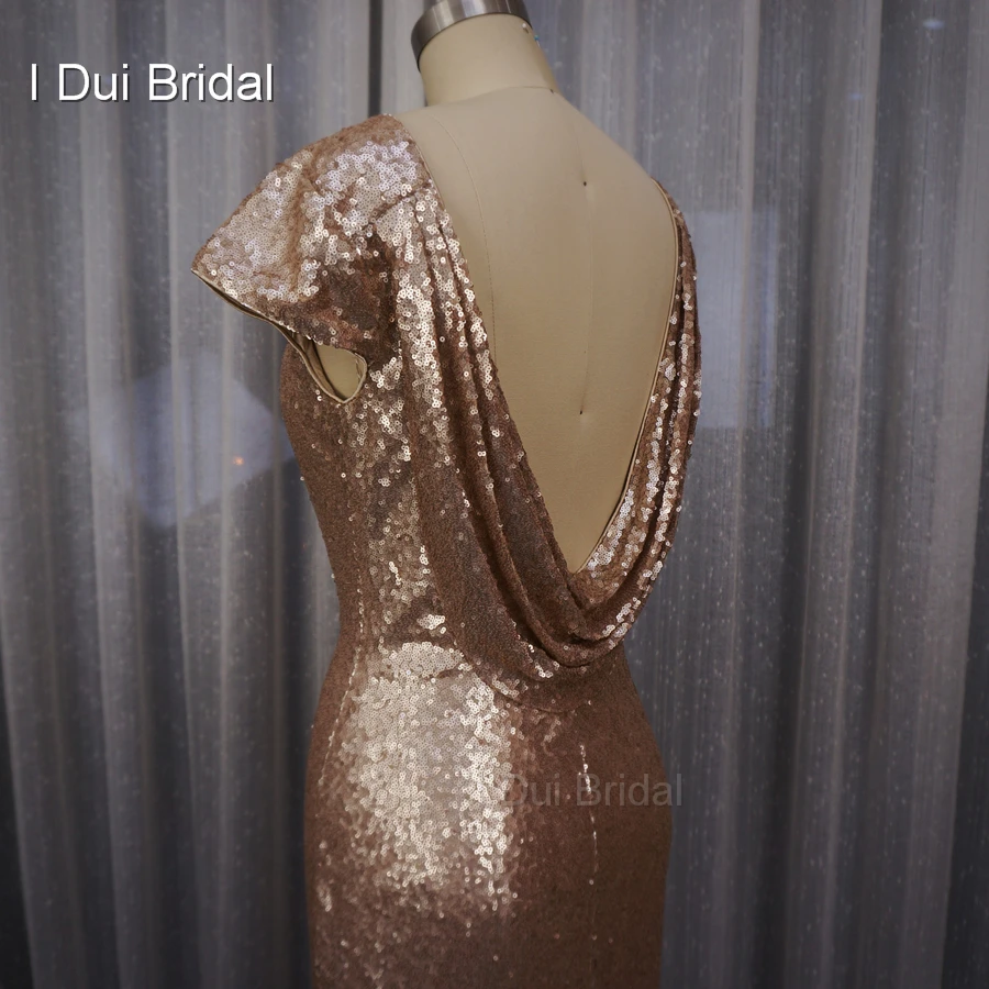 

Badgley Mischka Sequin Cowl Back Bridesmaid Dresses Sheath Champagne Rose Gold Wedding Maid of Honor