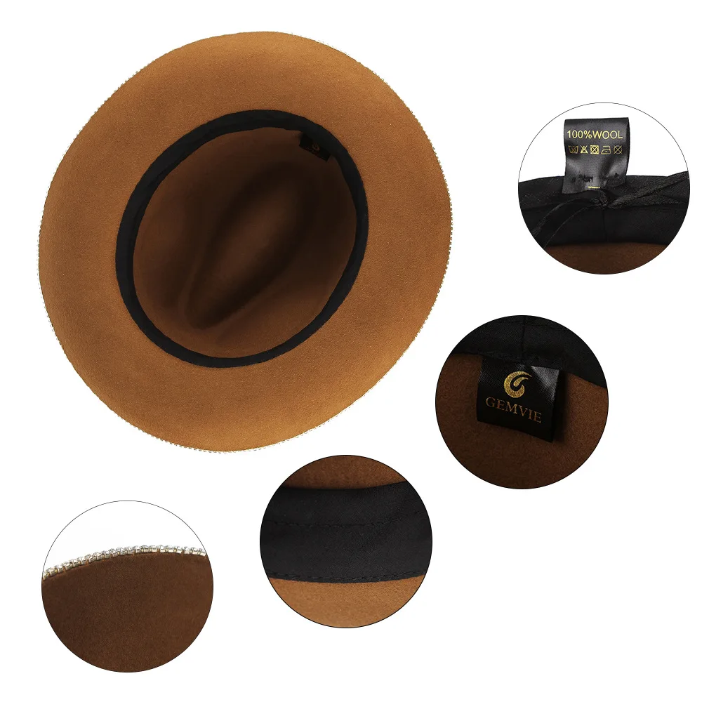 

European American Ladies Fedoras Hat Women Imitation Diamond Concave Top Wool Warm Cap Female Church Party Banquet Hats H7204