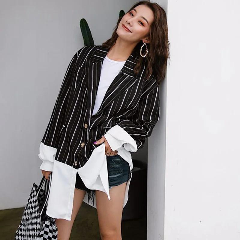 TWOTWINSTYLE Striped Patchwork Blazer Tops Female Long Sleeve Casual Blazers Coat Women Vintage Clothes Big Size 2018 Autumn New | Женская
