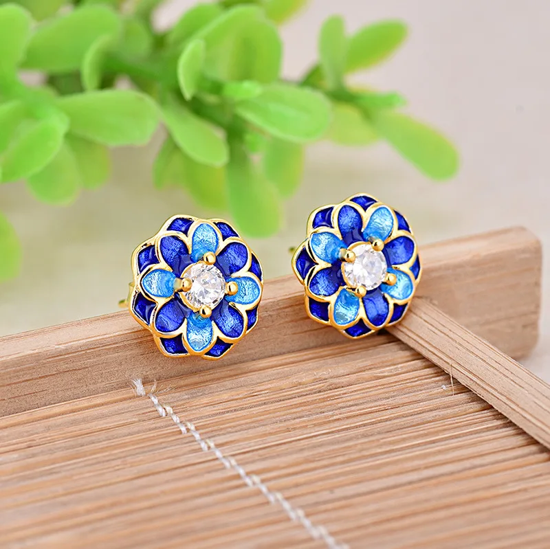 Женские серьги гвоздики с эмалью Cloisonne серебро 925 пробы эмалированные цветком и