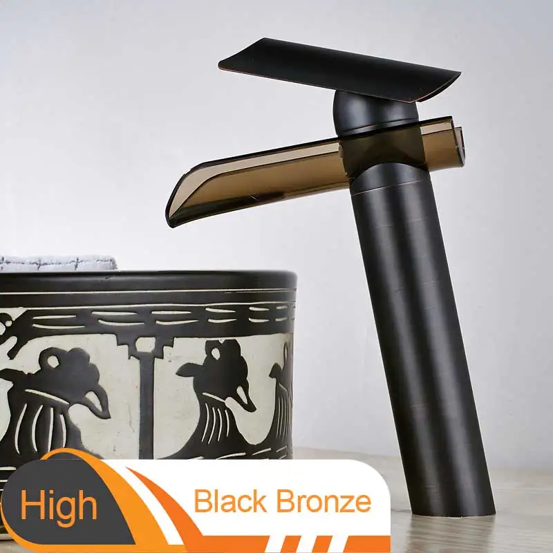 High Black Bronze Стеклянный водопад, кран для раковины, одна ручка, одно отверстие, для ванной комнаты, смесители для горячей и холодной воды, санузел, раковина, кран для мытья - Цвет: High Black Bronze