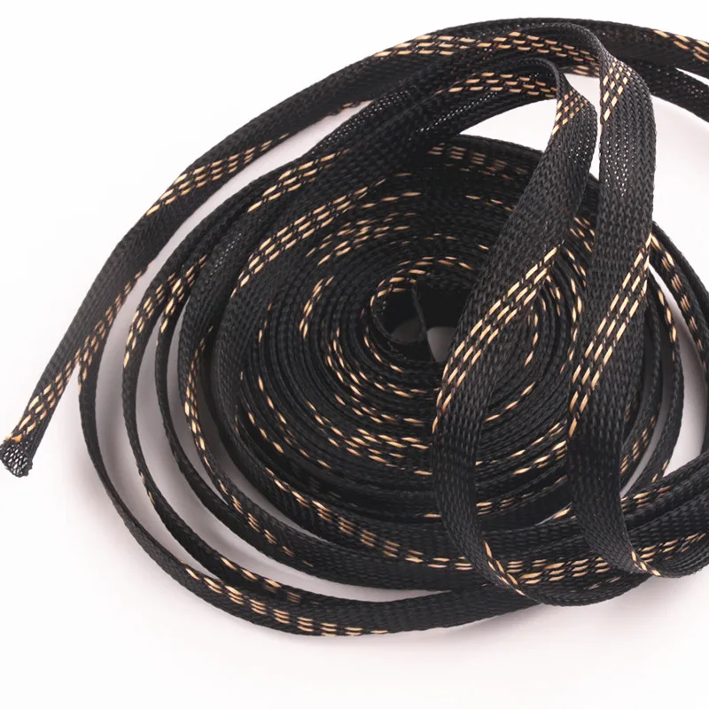 10M 6mm Braided Cable Sleeves Black+Gold PET Tight Expandable Sleeve Wire Gland Protection High Density Insulation | Обустройство