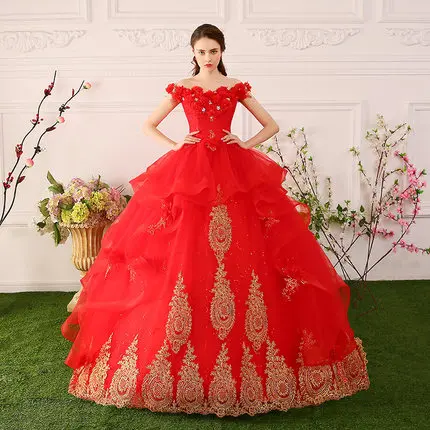 Фото Красное роскошное платье с бусинами и цветами средневековое - купить