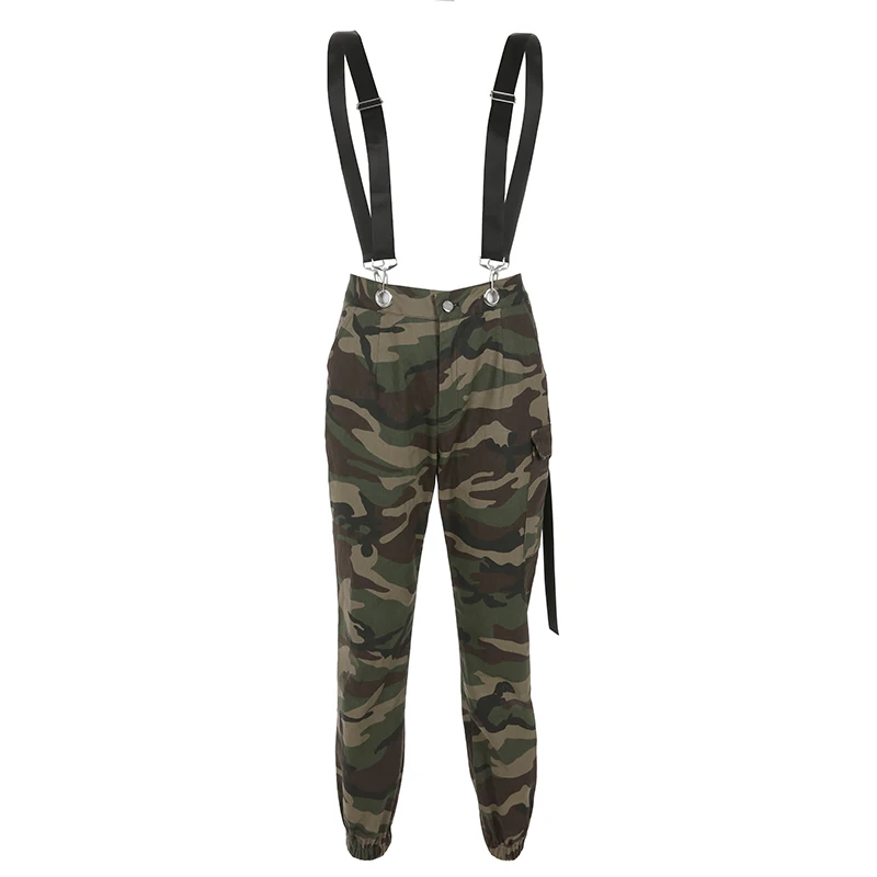 Rapwriter Fashion High Waist Cotton Camouflage Overalls Women Autumn Streetwear Side Pocket Strap Trousers Pencil Pants - Color: Camouflage Overalls