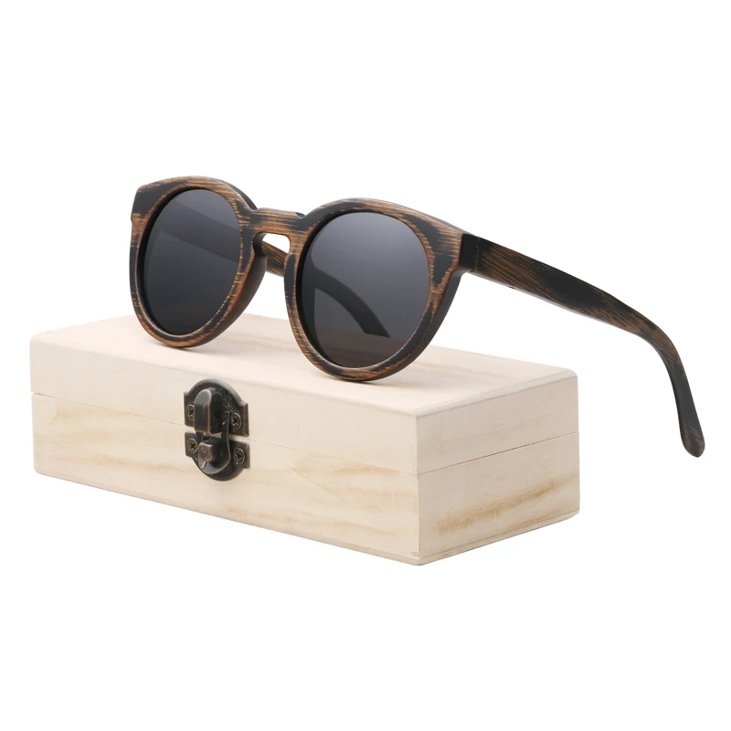 black lens with case BerWer бамбуковые солнцезащитные очки для женщин, деревянные солнцезащитные поляризированные солнцезащитные очки, круглые линзы вождения UV400 очки - Цвет линз: black lens with case