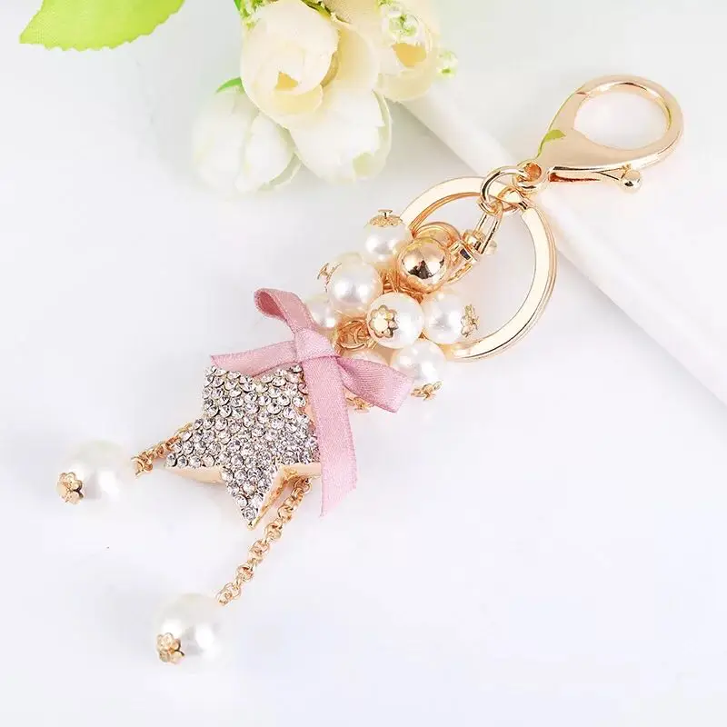 New crystal beaded bow keychain star pendant car key ring fashion creative five-pointed chains | Украшения и аксессуары
