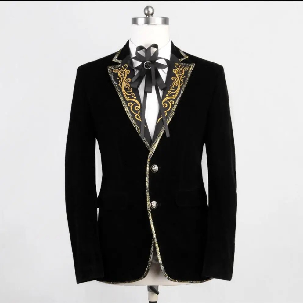 2018 New Married Groom Wear Slim Black Suit Embroidery Collar Suit Host Plus Size Clothes Singer Stage Costumes Wedding Dress