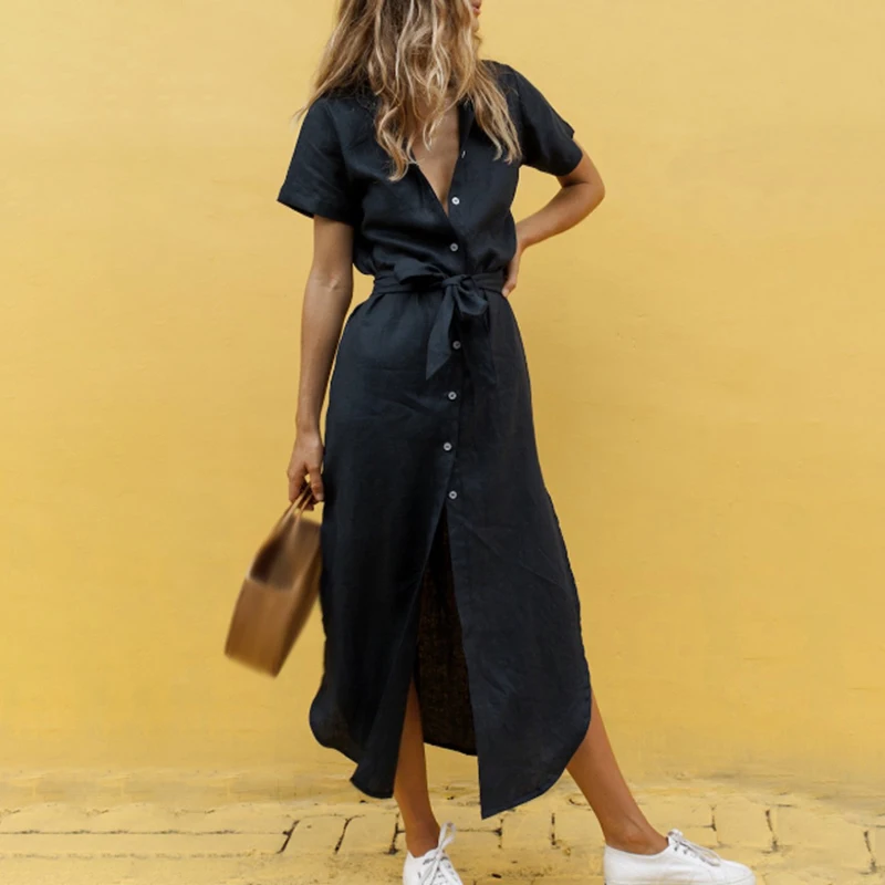Женское платье повседневный стиль сплошной цвет v образный вырез пуговица