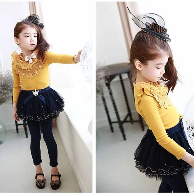 Хлопковая кружевная рубашка с длинными рукавами для маленьких девочек От 2 до 7