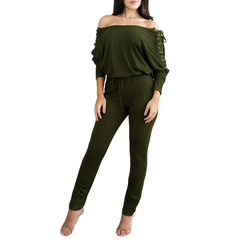 Женский сексуальный однотонный комбинезон с длинными рукавами и косой наплечной