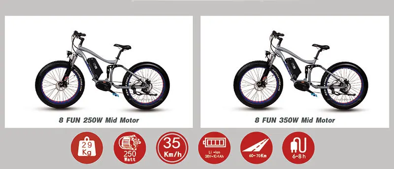 26 дюймов Электрический горный велосипед Fat tire 8FUN центральный мотор электрический велосипед 36 В двойная амортизация мягкий хвост горный
