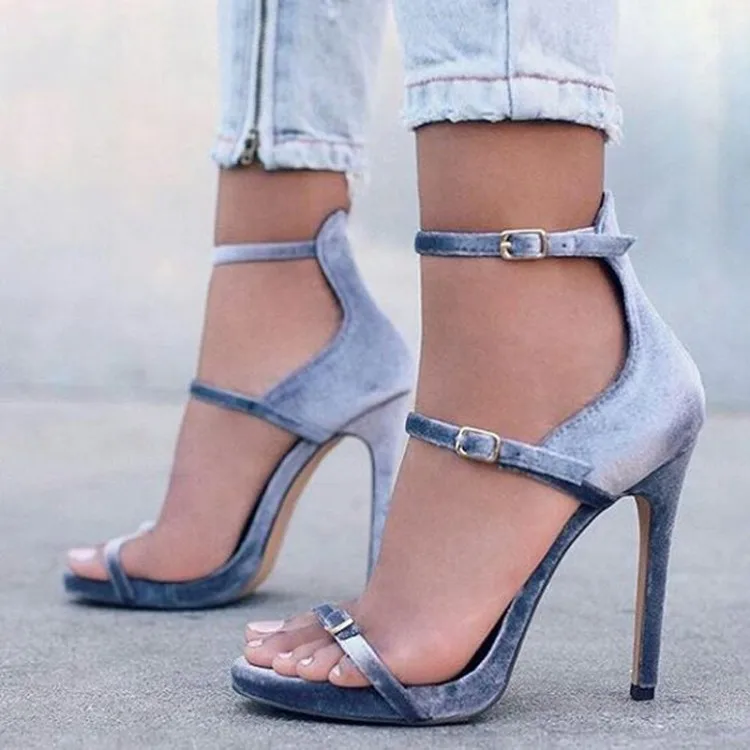 US4-11 Womens Elegant Velvet High Heels Ankle Buckles Sandals Fashion Shoes Stilettos Strap Pumps Plus Size A759 | Обувь