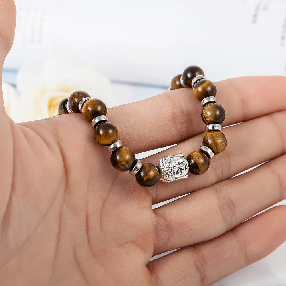 Тигровый глаз Лава Натуральный камень браслет Будды Для мужчин бисером Браслеты
