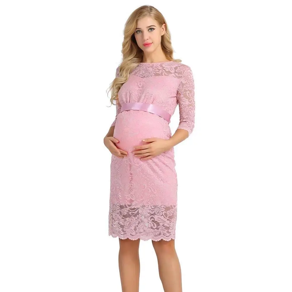 Womens Maternity Elegant Floral Lace Overlay Half Sleeve Vestidos Parties Pregnant Maternity Dresses for Photo Shoot Dress - Цвет: Розовый