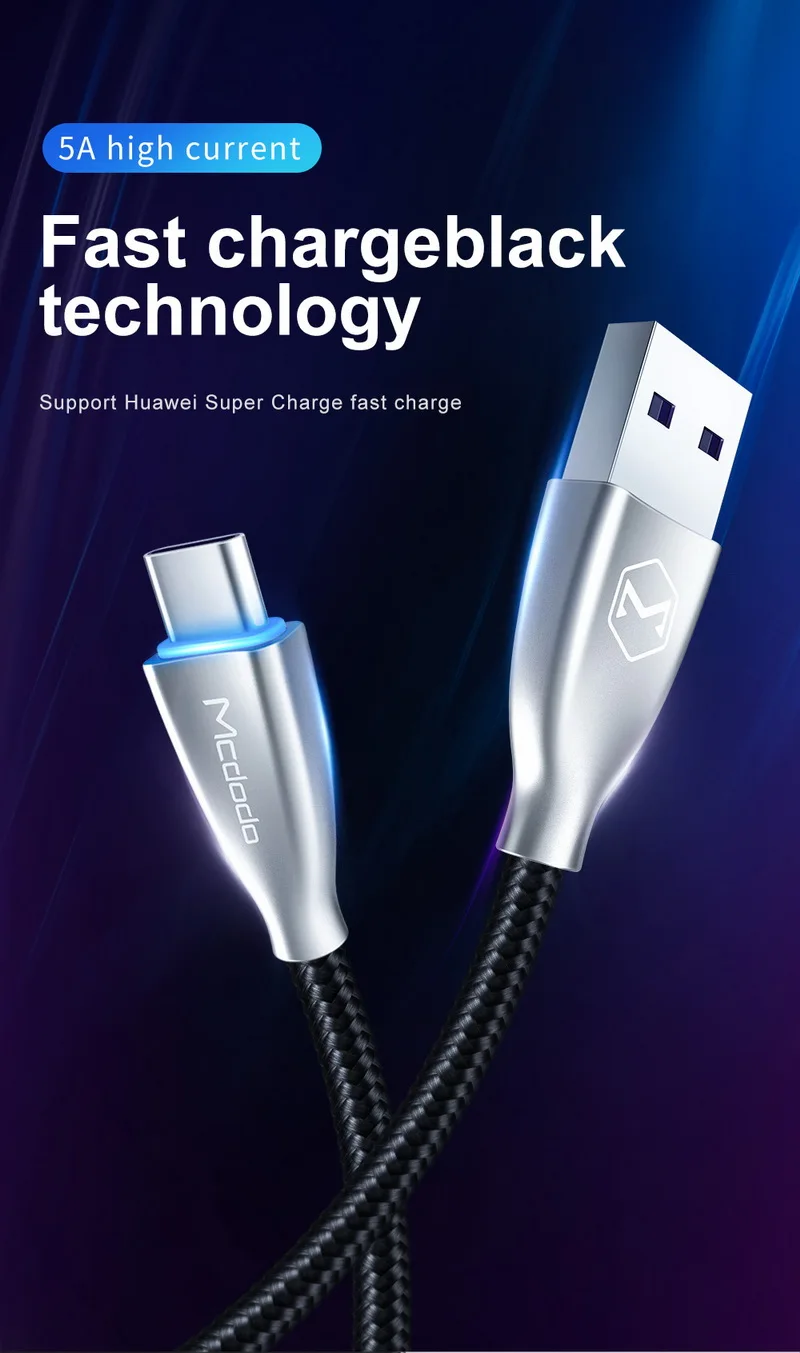 MCDODO светодиодный кабель 5A Super type C для быстрой зарядки usb c, кабель type-c для передачи данных, зарядное устройство usb-c для samsung S9 S8 huawei mate 20 Pro P20