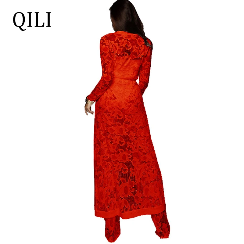 QILI, женские кружевные комбинезоны с длинным рукавом, белые, черные, красные, широкие штаны, комплект из 3 предметов, сексуальный кружевной комбинезон, наряды размера плюс