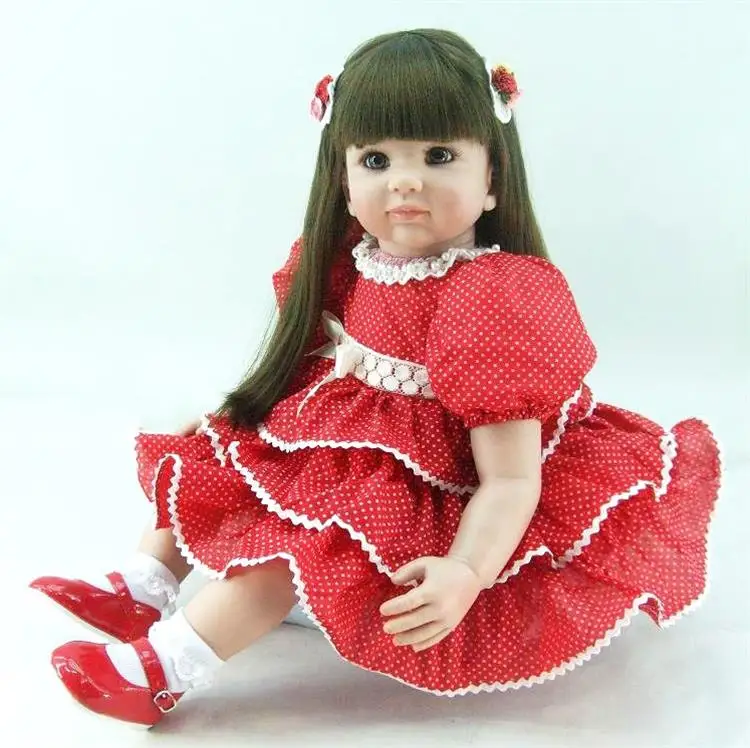

22inch 55cm Lifelike Reborn Baby Doll Girl High Vinyl Christmas Toy Gift for Children Long Hair Princess Red Dress