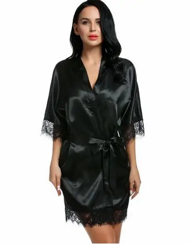 Черный Сексуальный короткий атласный халат для невесты, кружевное кимоно, женская свадебная одежда для сна, летний женский халат, нижнее белье, домашняя одежда для женщин L3 - Цвет: Черный
