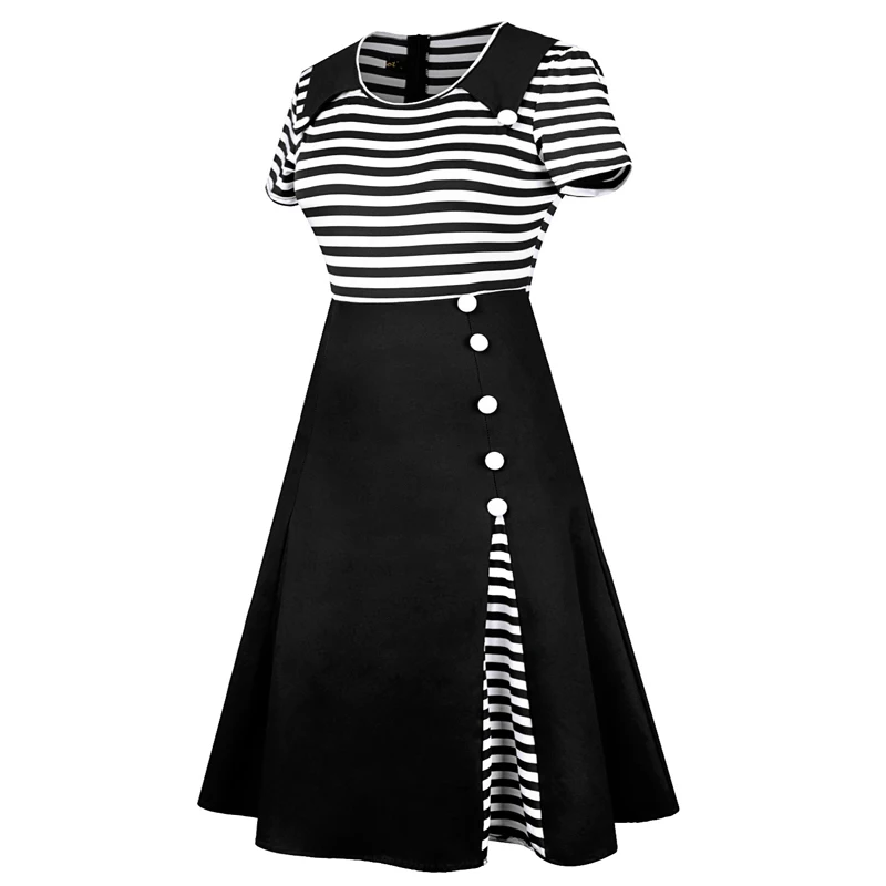 Платье на пуговицах MISSJOY в полоску с коротким рукавом и отложным воротником