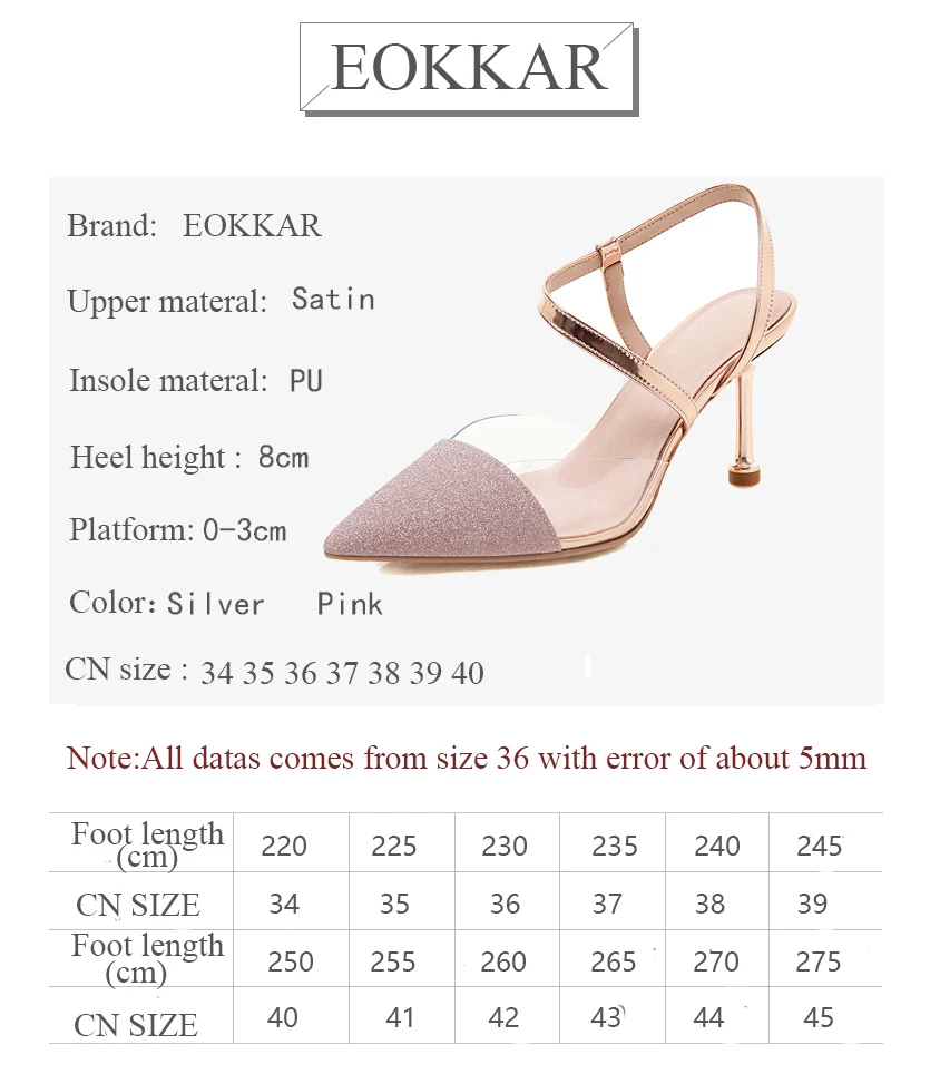 

Eokkar 2019 Women Sequins High Heel Wedding Shoes Pointed Toe Transparent Heels 8CM Pumps Silver Party Wear Shoes Size 34-40