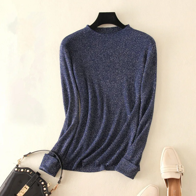 Фото Женский Блестящий свитер с люрексом вязаный пуловер длинными рукавами в Корейском стиле модель D272 на осень и | Отзывы и видеообзор (32960601402)