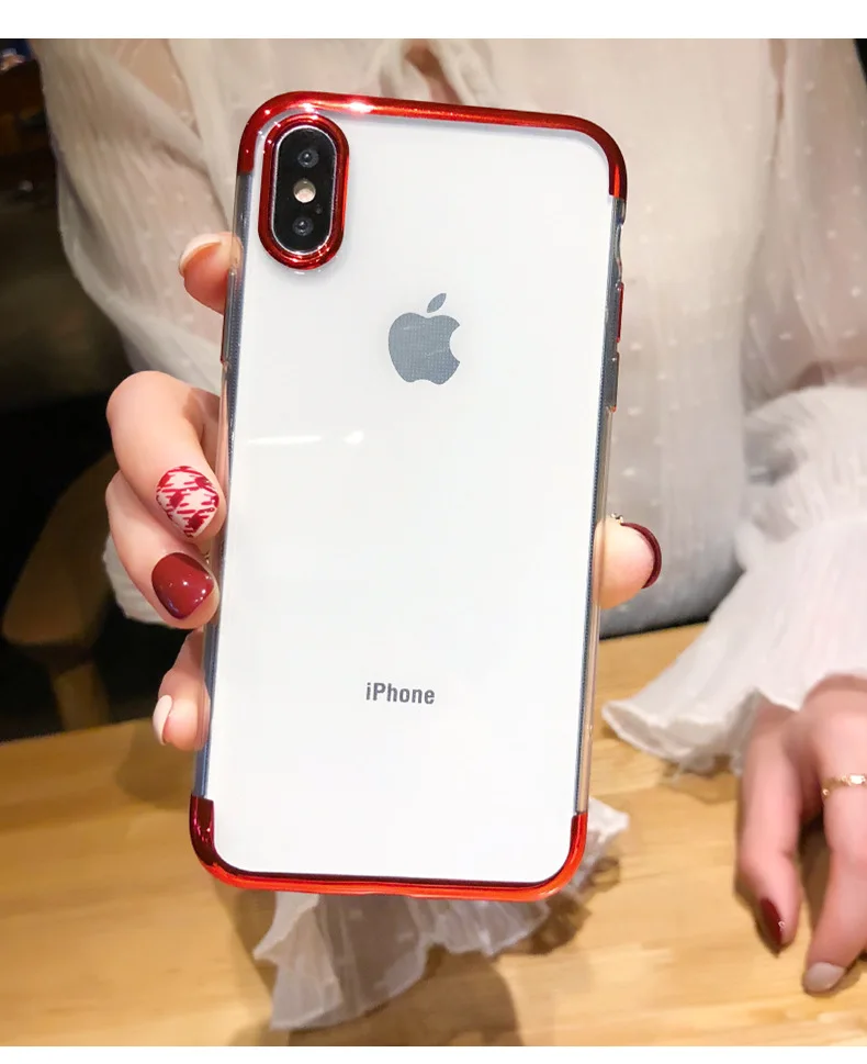 Luxury Silicone Clear Case for iPhone X 6 6S Plus TPU Soft Plating Frame Transparent Back Cover 7 8 |