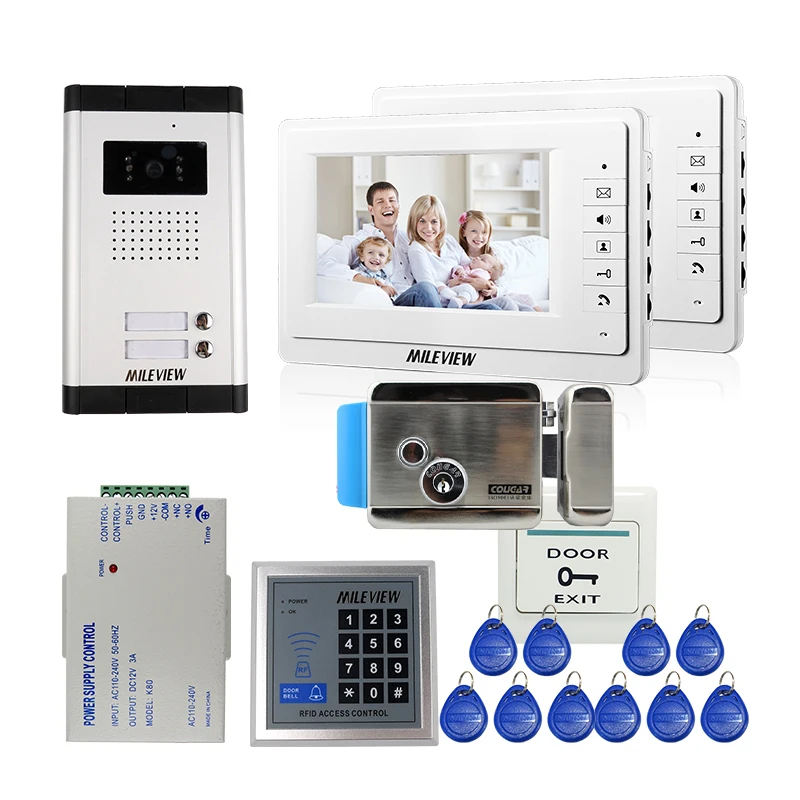 MILEVIEW 7 &quotвидеодомофон дверной телефон комплект 2 экрана наружный звонок камера на две квартиры семьи + RFID