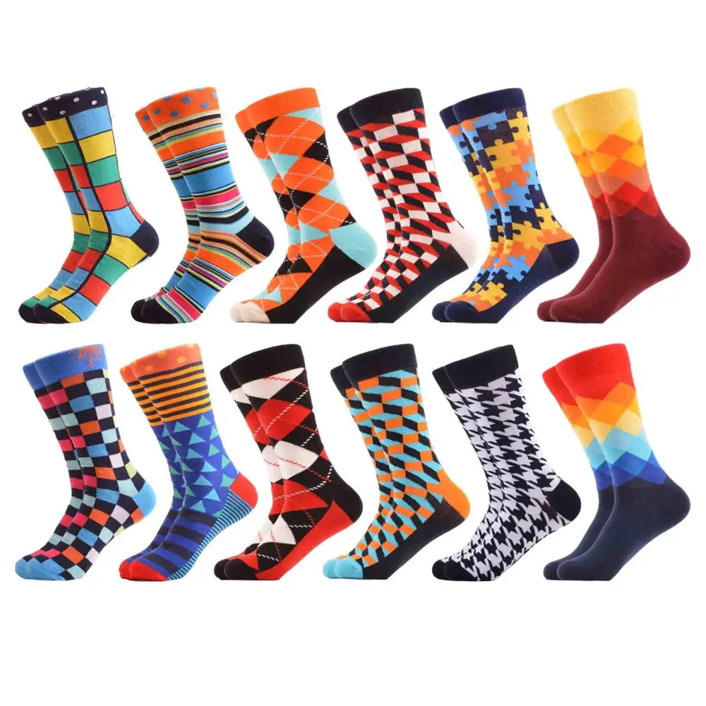06369 (12 pairs) SANZETTI Men's Colorful Combed Cotton Happy Novelty Socks Hip Hop High Quality Skateboard Plaid Geometric Funny Socks For Gifts - Цвет: 06369 (12 pairs)